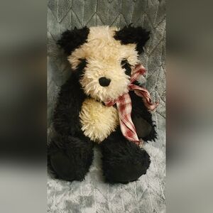 Adorable Black and Cream Stuffed Dog with Plaid Bow